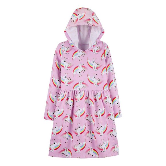 Carter's Girl's Hooded Unicorn Rainbow Print French Terry Cotton Pink Dress Si… - Picture 1 of 10